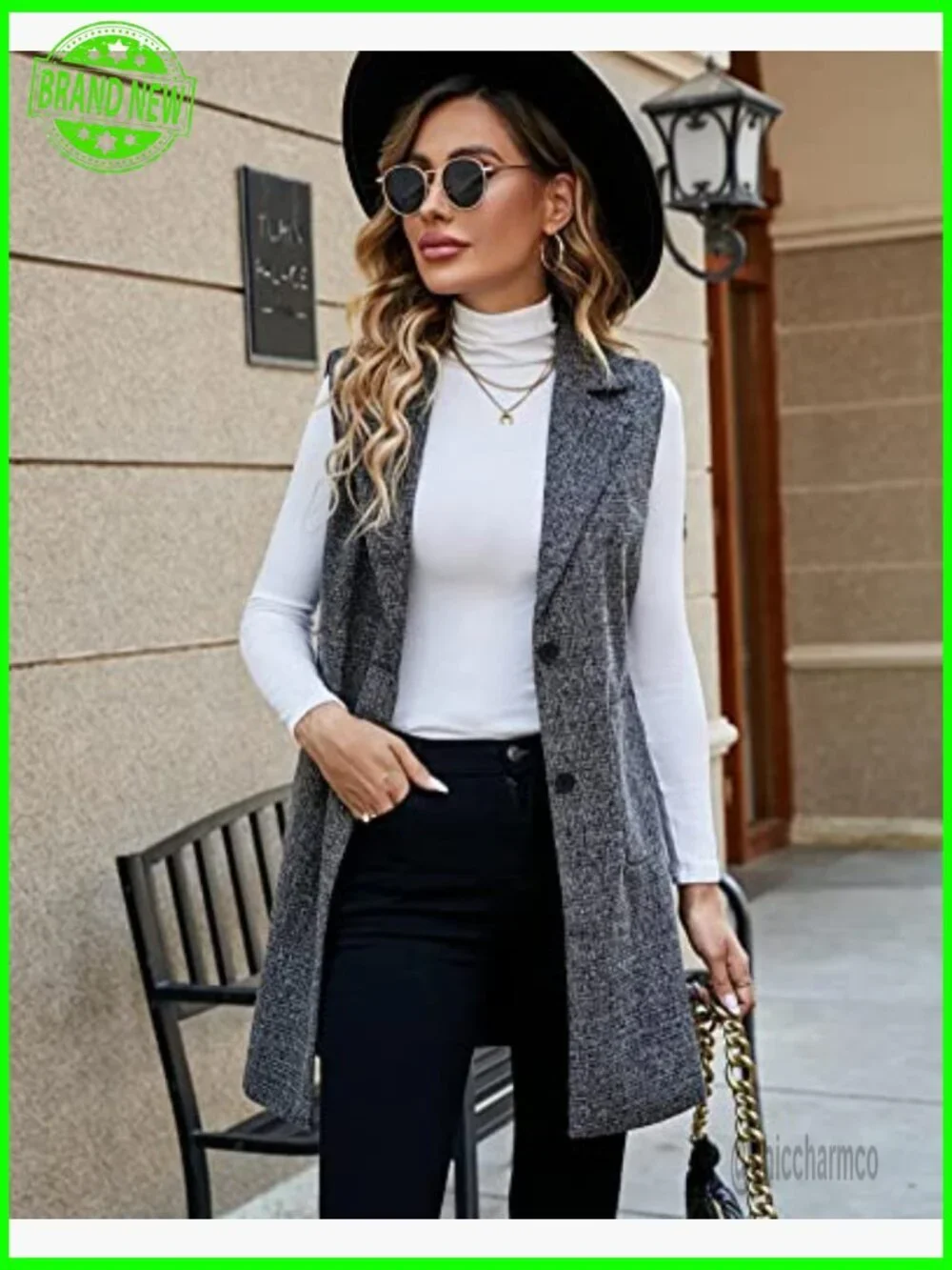 Sleeveless Tweed Blazer Jacket Longline Vest Outerwear Women